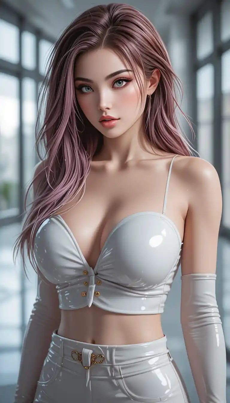 Mujer de pelo rosa con top blanco en una escena interior luminosa