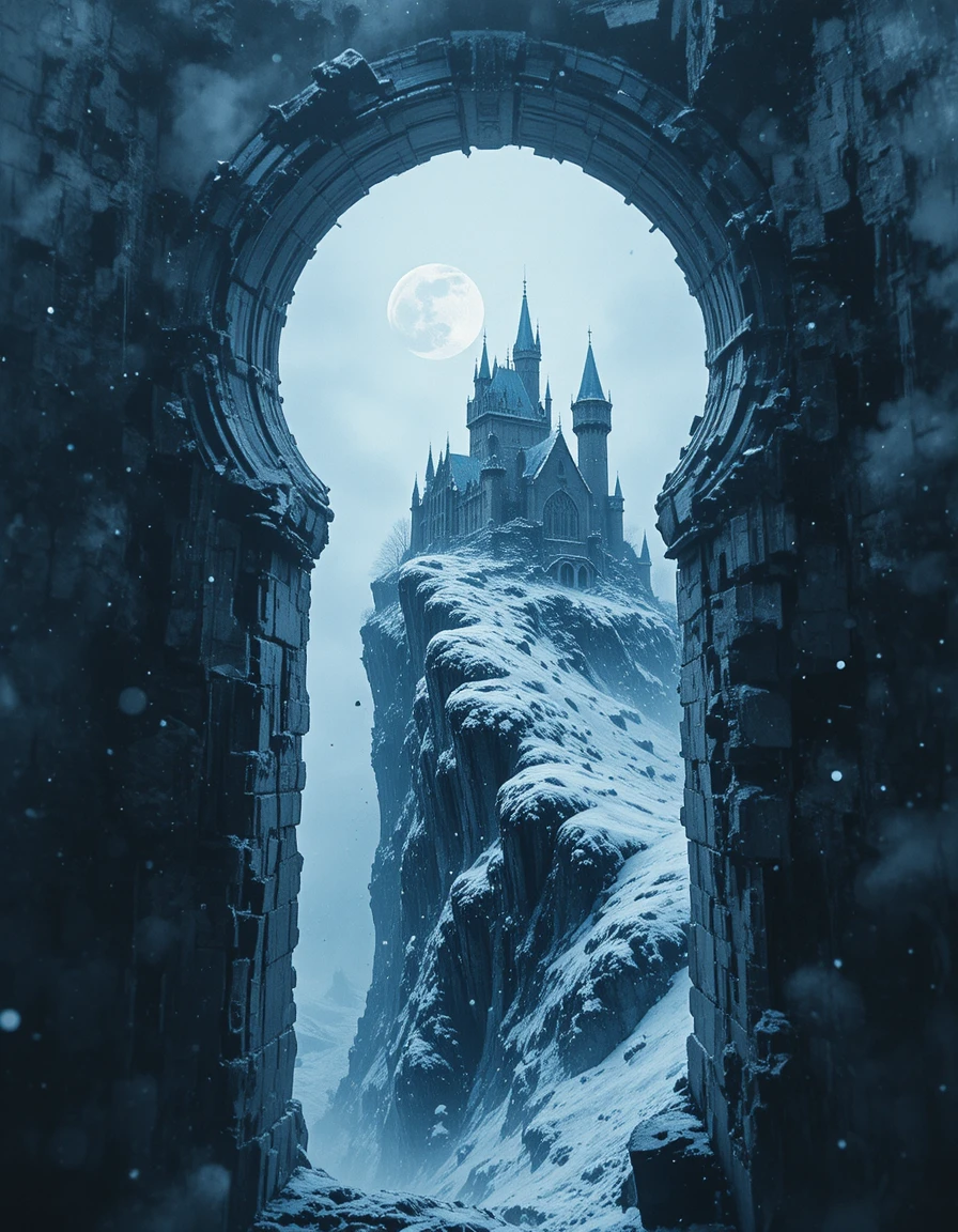Castelo gótico em silhueta de fechadura sob nevasca