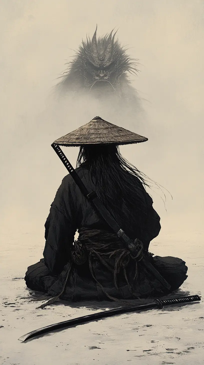 Guerrier samouraï à genoux avec katana dans un paysage sableux et silencieux