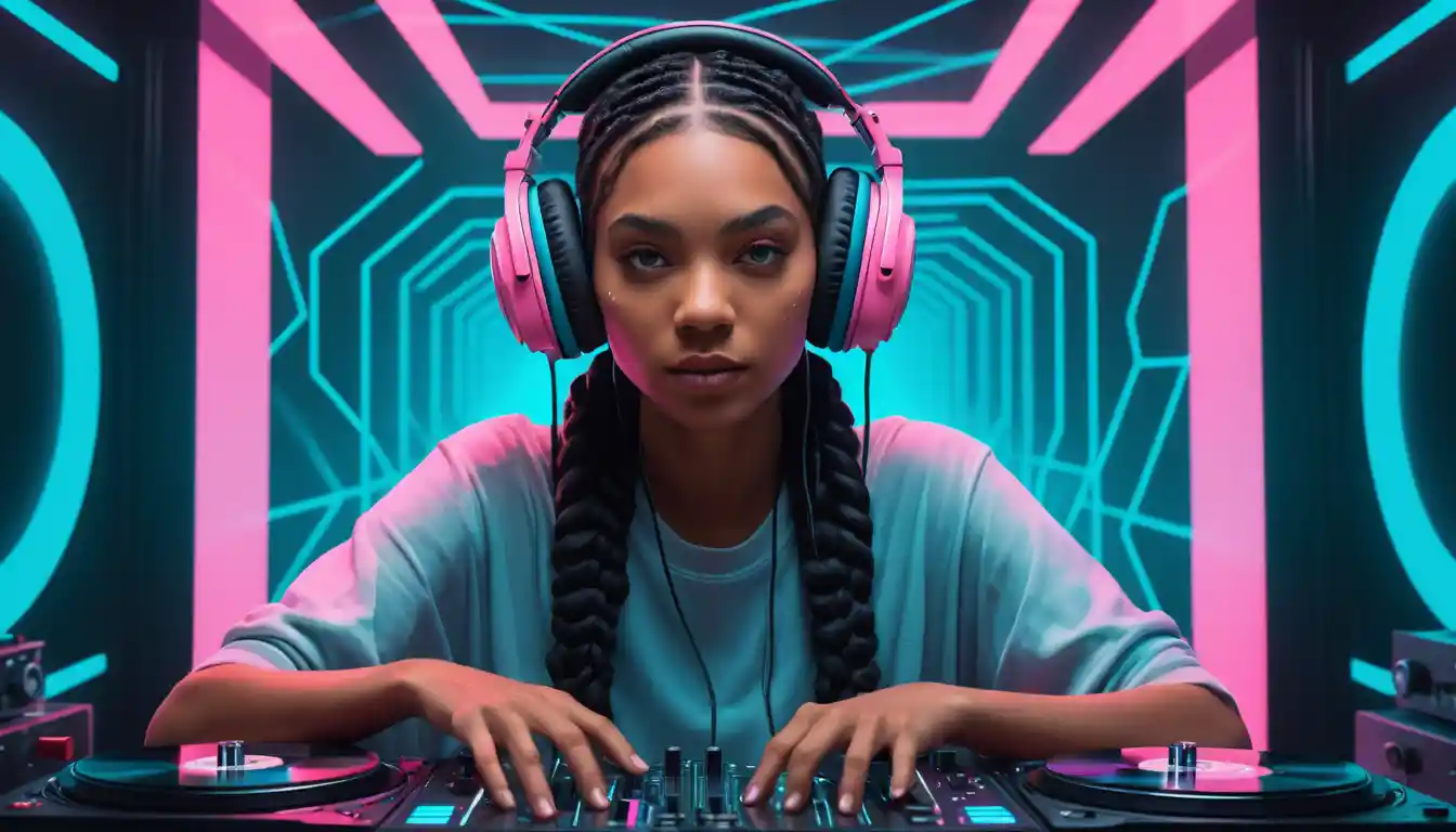 DJ donna futuristica su palco luminoso a forma di musicassetta