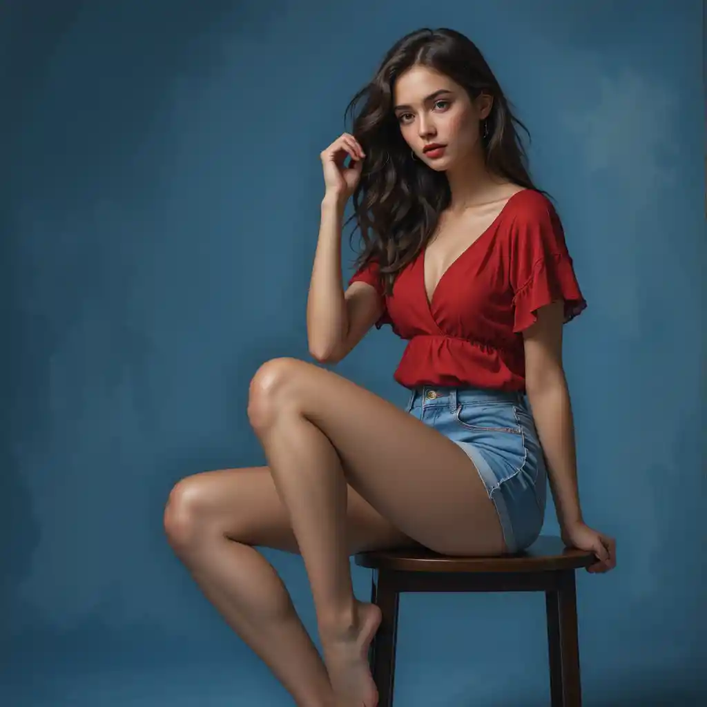 Young woman sitting barefoot on a stool in studio