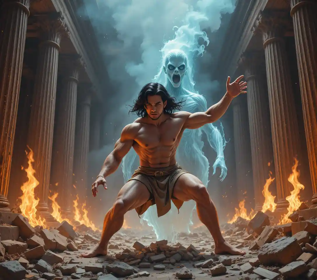 Homme musclé affrontant un squelette spectral de feu dans un temple antique