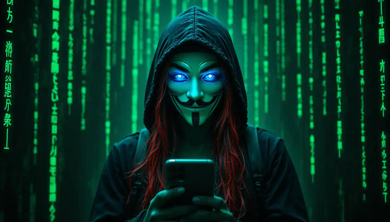 Hacker incappucciato con occhi blu luminosi nella matrice digitale
