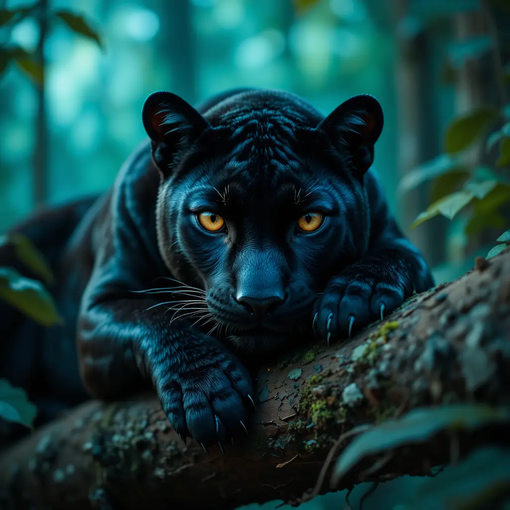 Primo piano di una pantera nera su un ramo nella giungla