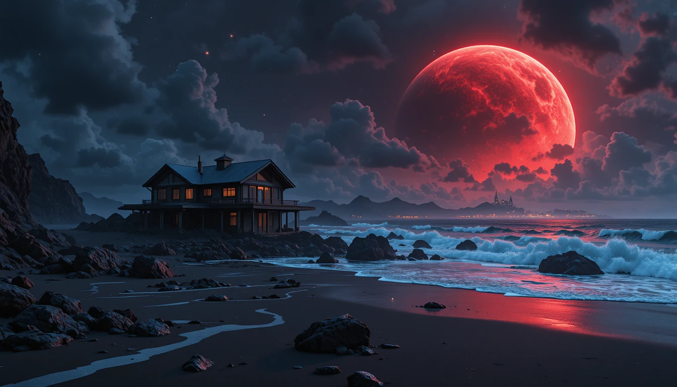 Maison futuriste sur une plage d’aliens en sable noir la nuit