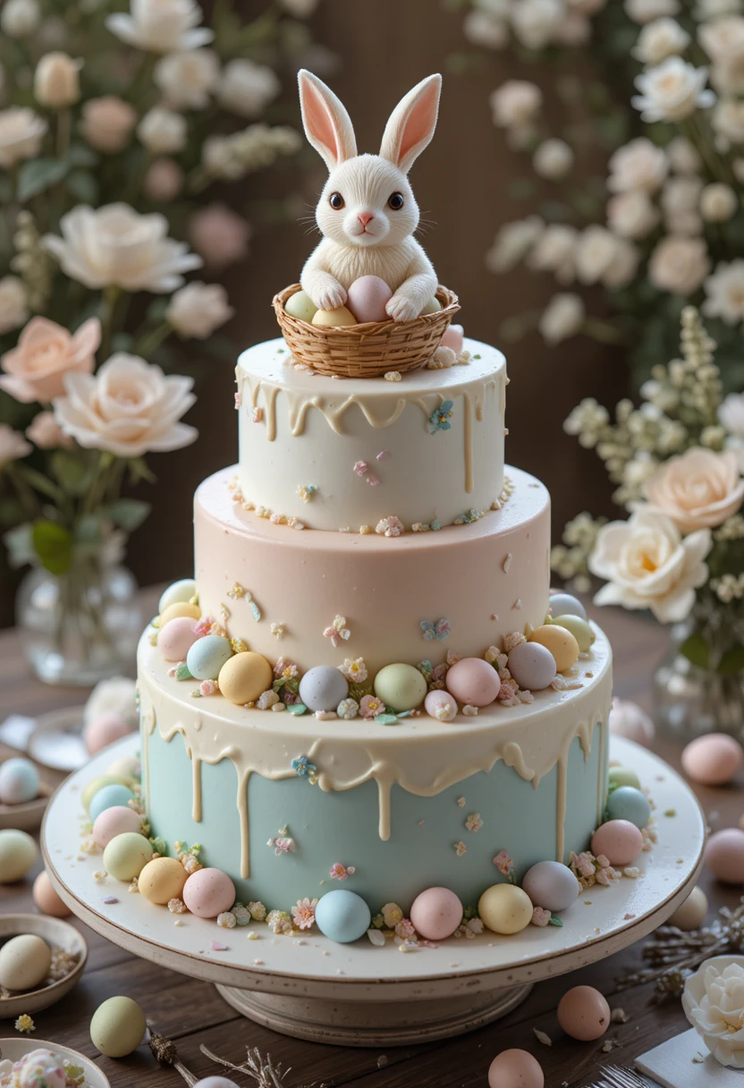 Bolo de Páscoa elegante de três andares com topo de coelho