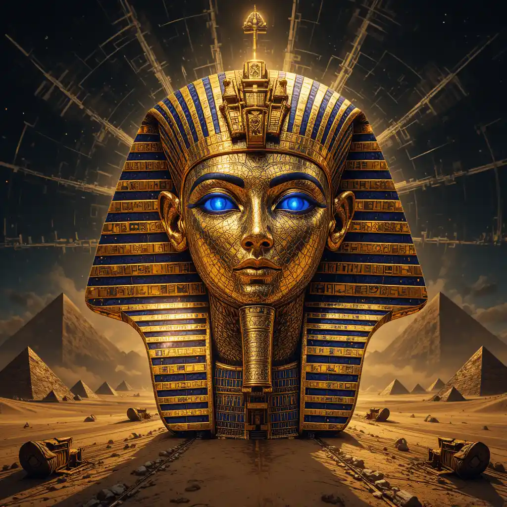 Máscara de ouro antiga se dissolvendo em geometria fractal infinita