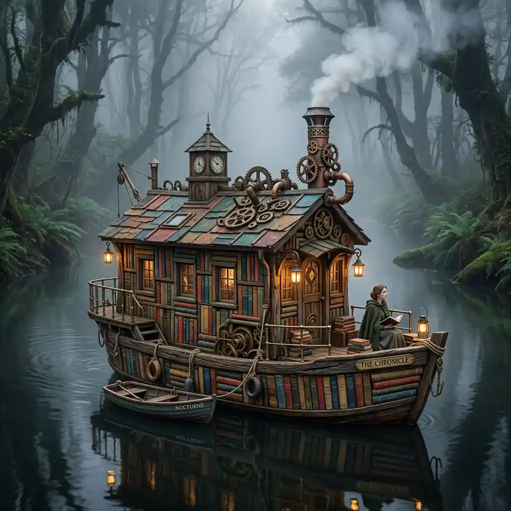 Casa-barco steampunk de livros à deriva em um rio enevoado