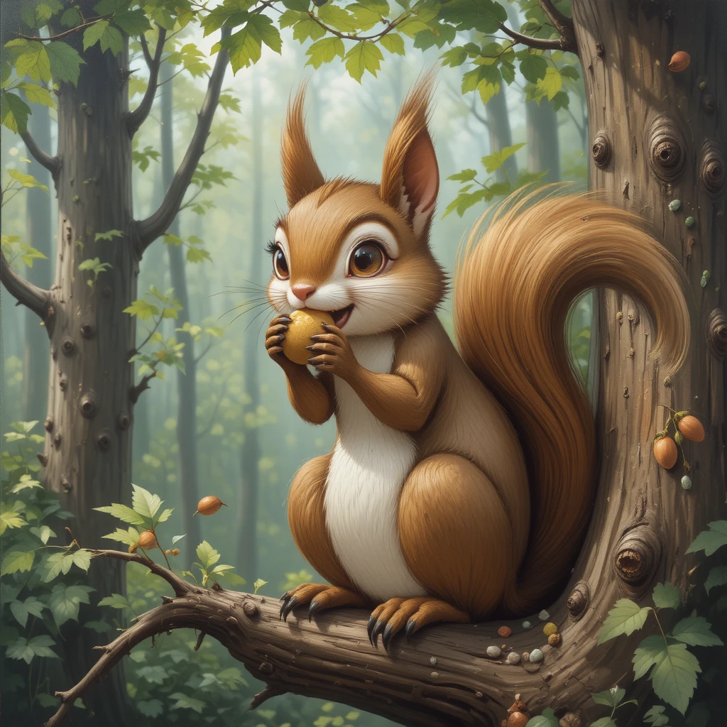 Esquilo fofo comendo uma bolota em uma árvore na floresta