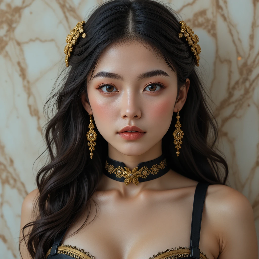 Elegant portrait of young woman in black and gold corset