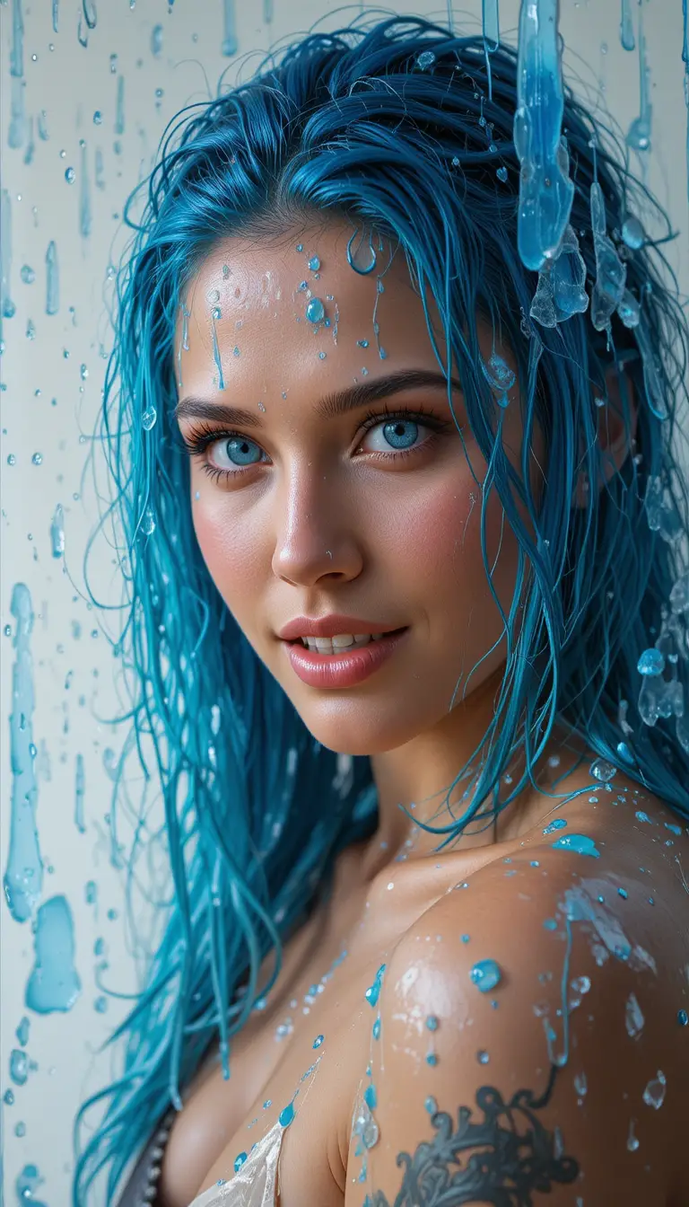 Donna giocosa con capelli blu bagnati e viso splendente