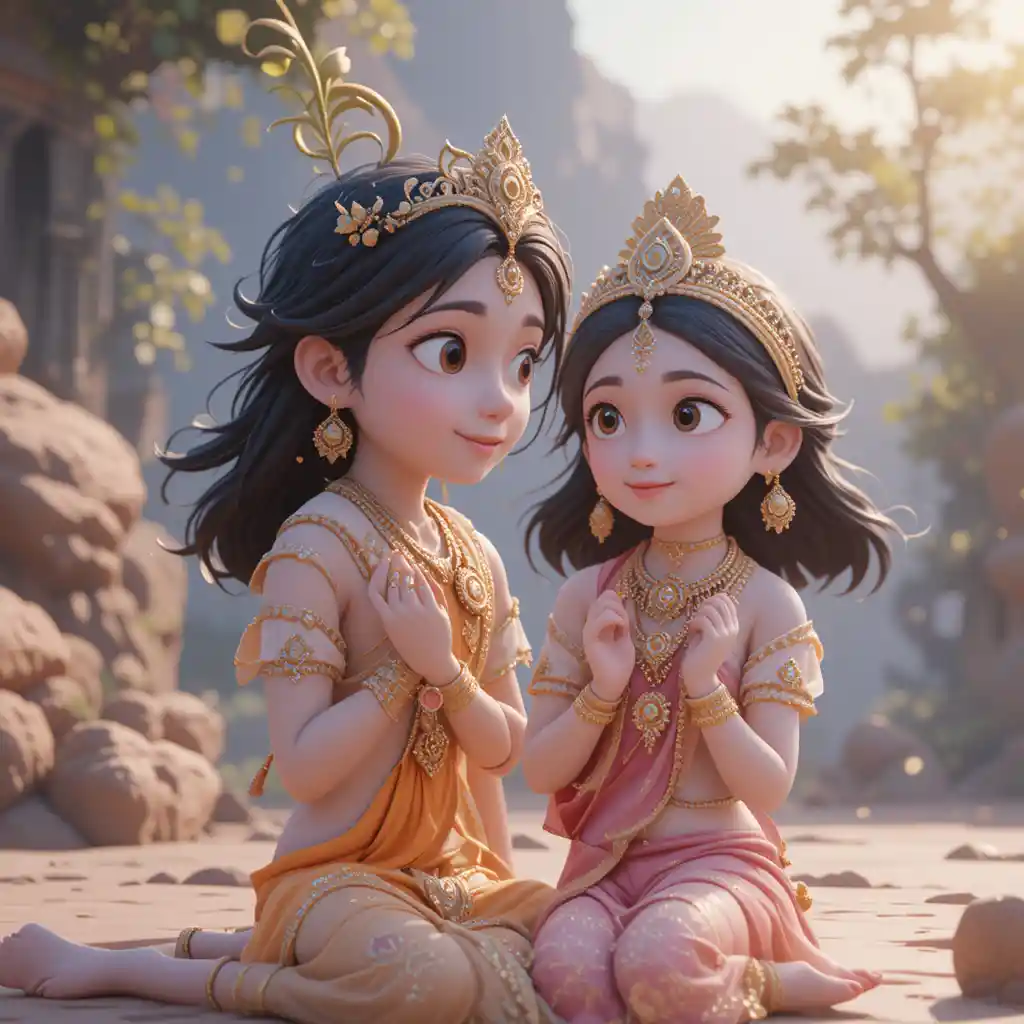 Menino divino Krishna em uma cena de animação devocional 3D