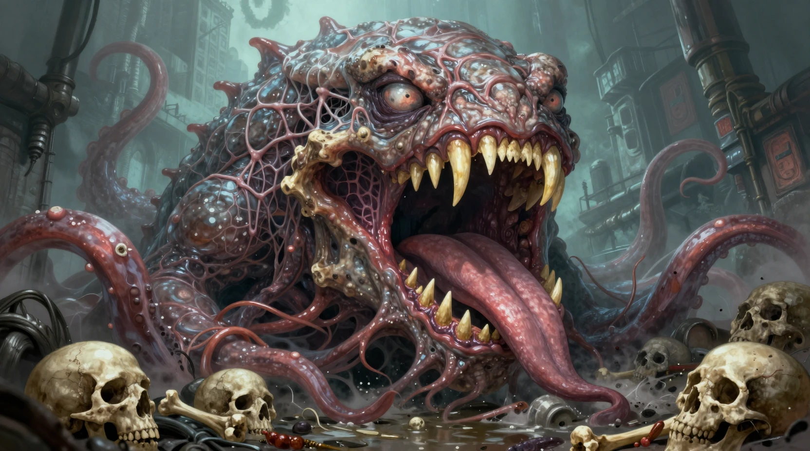 Grotesque sewer monster with fanged maw and writhing tentacles