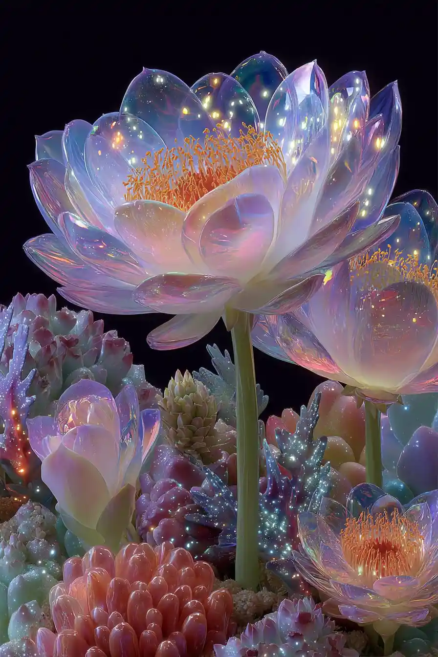 Surreal neon botanical fantasy in a sci fi dreamscape