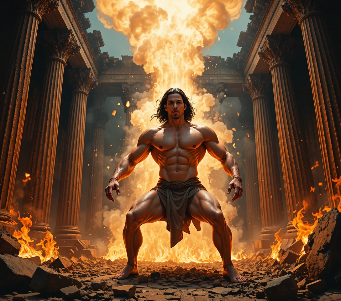 Guerrier musclé affrontant un squelette spectral en flammes