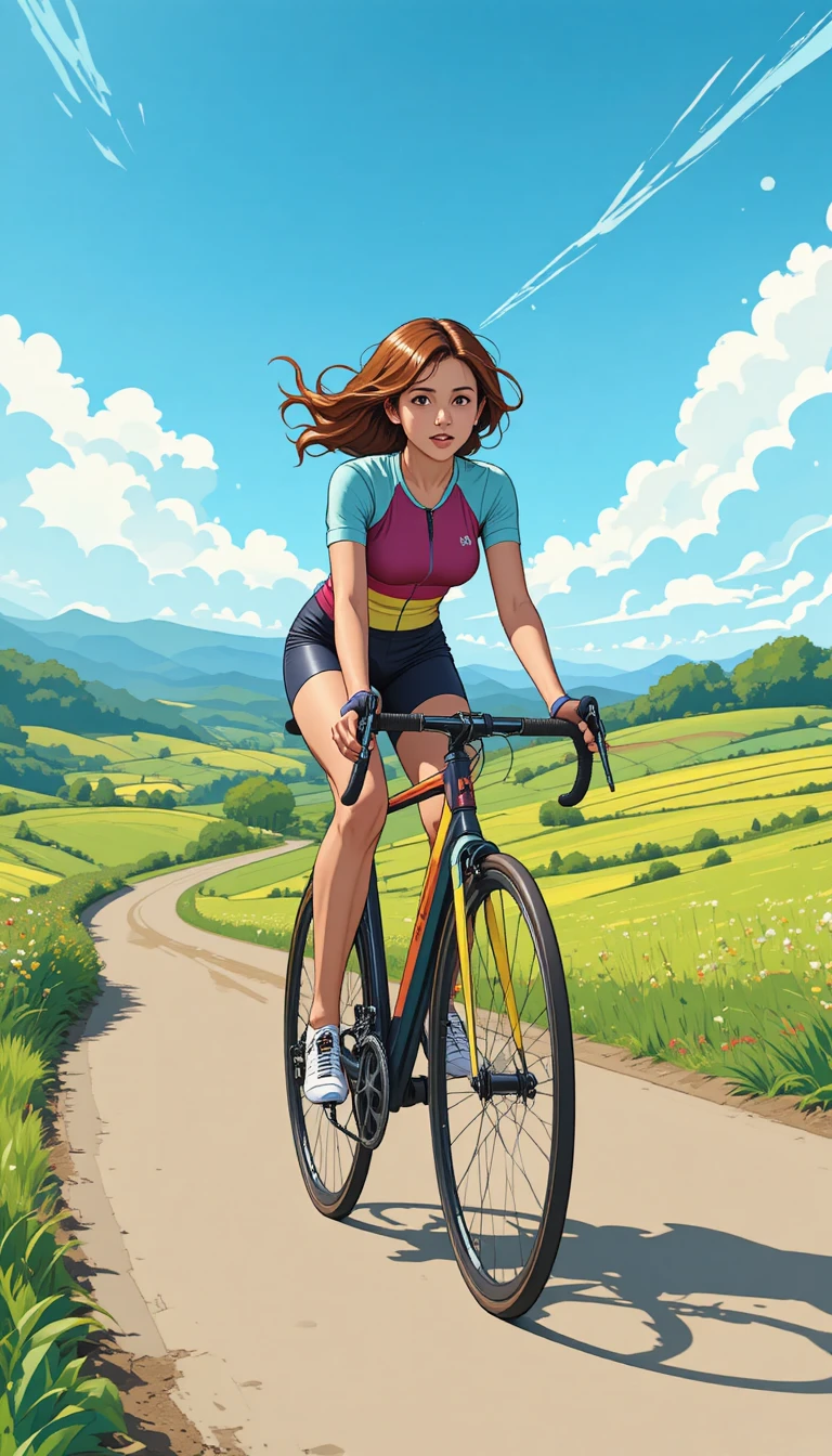 Donna in bicicletta lungo una tortuosa strada di campagna in stile acquerello