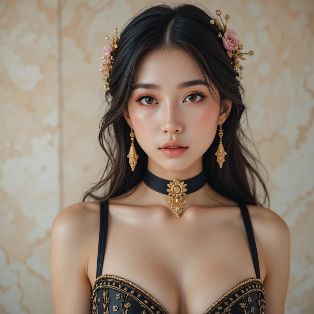 Portrait d’une femme élégante d’Asie de l’Est en corset noir et doré