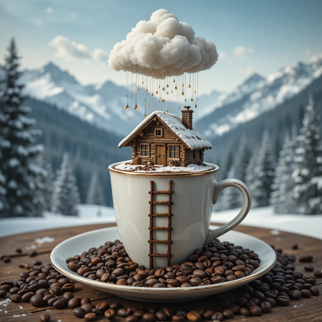 Monde Surréaliste dans une Tasse de Café avec Chalet Enneigé et Échelle