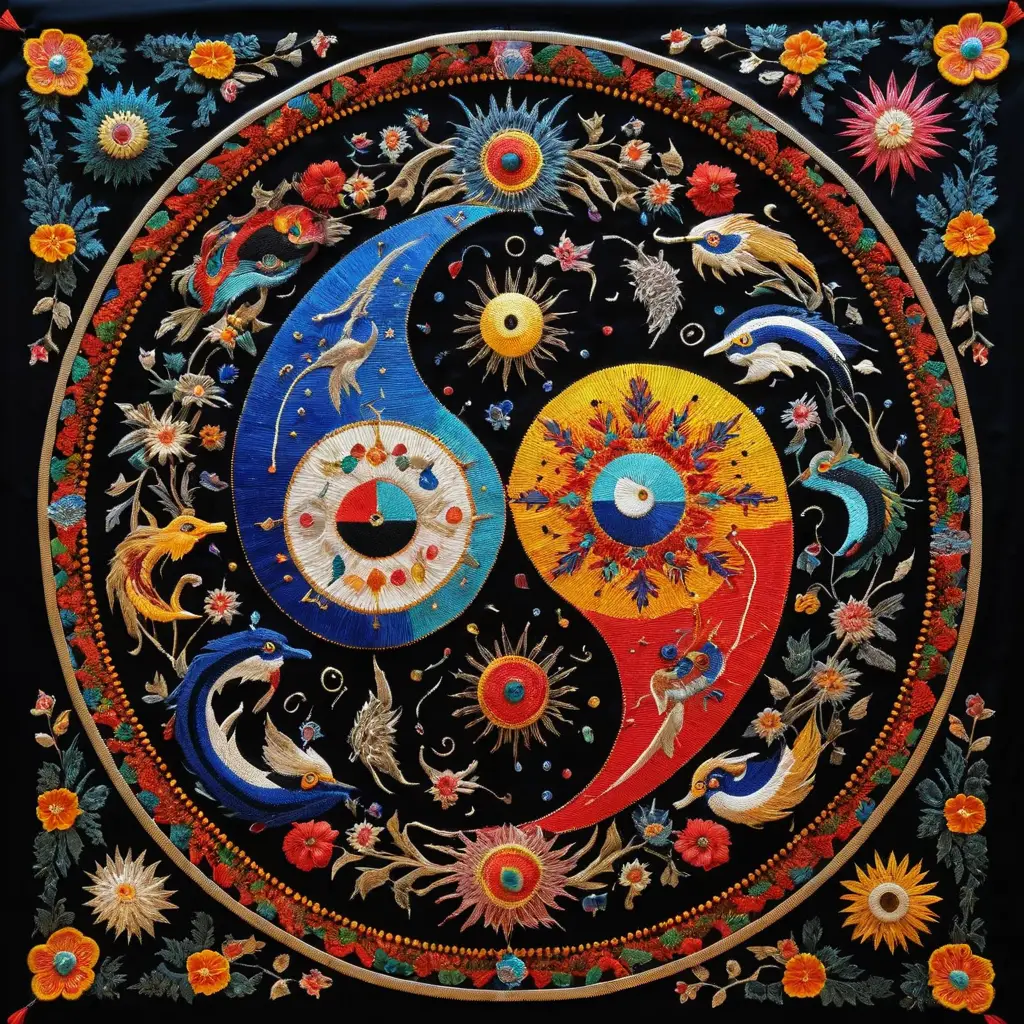 Colorful yin yang tapestry with intricate Asian beadwork