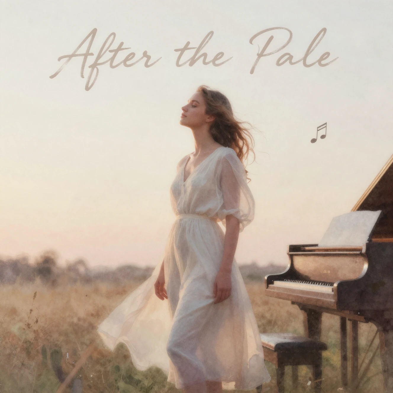 Chica en acuarela de pie en un campo iluminado por el sol al amanecer