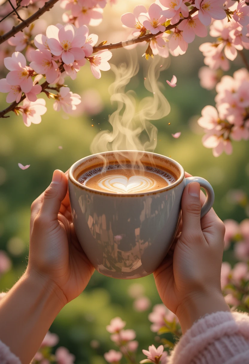 Mani che tengono un caffè fumante sotto i fiori di primavera