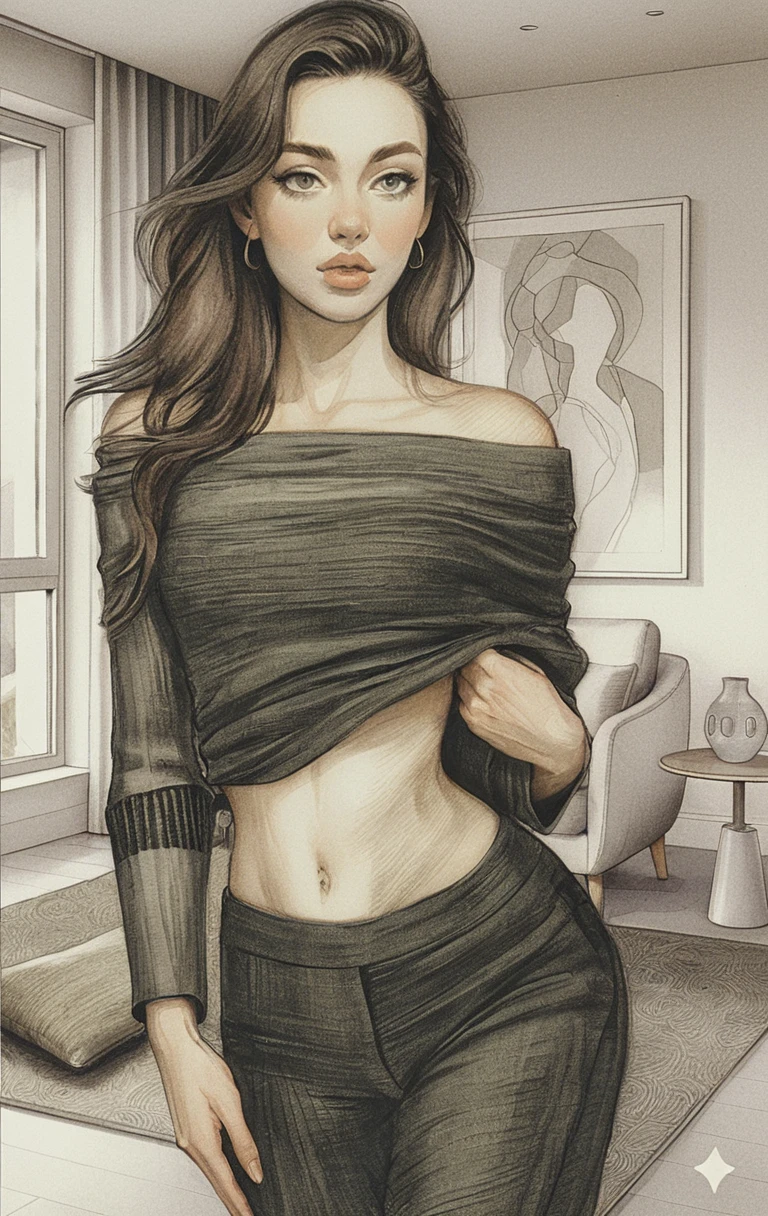 Graphite drawing of a young woman in a modern living room