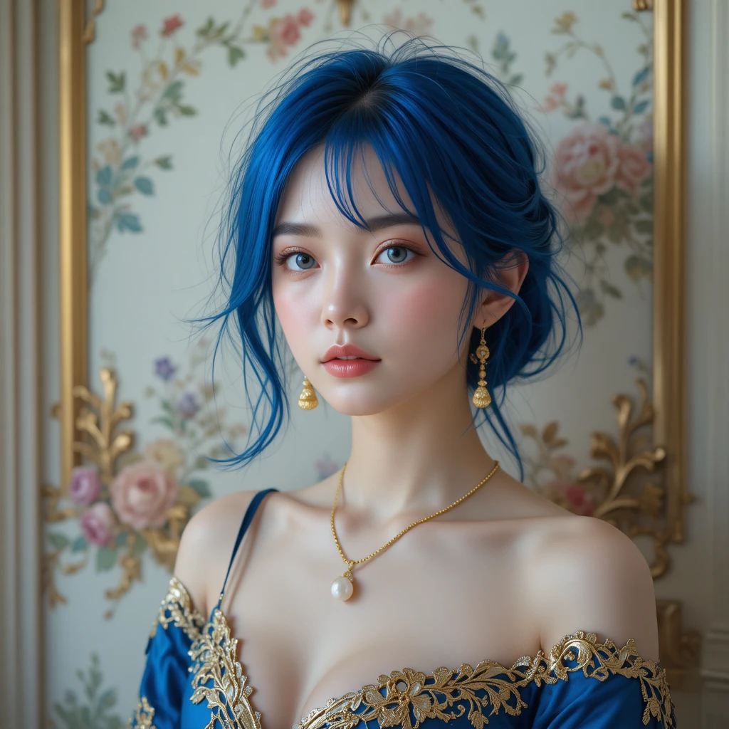 Ritratto di ragazza dai capelli blu in abito blu ornato