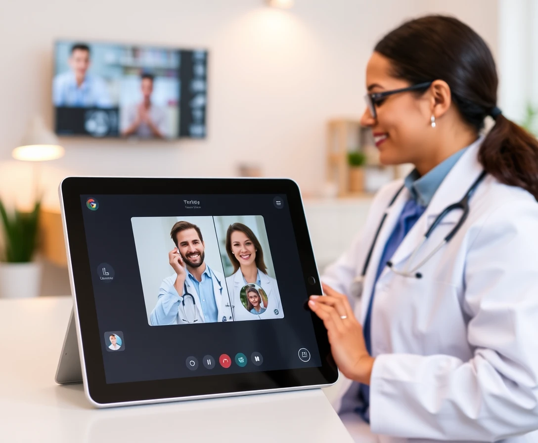 Interfaz de tablet de telemedicina en una oficina en casa moderna