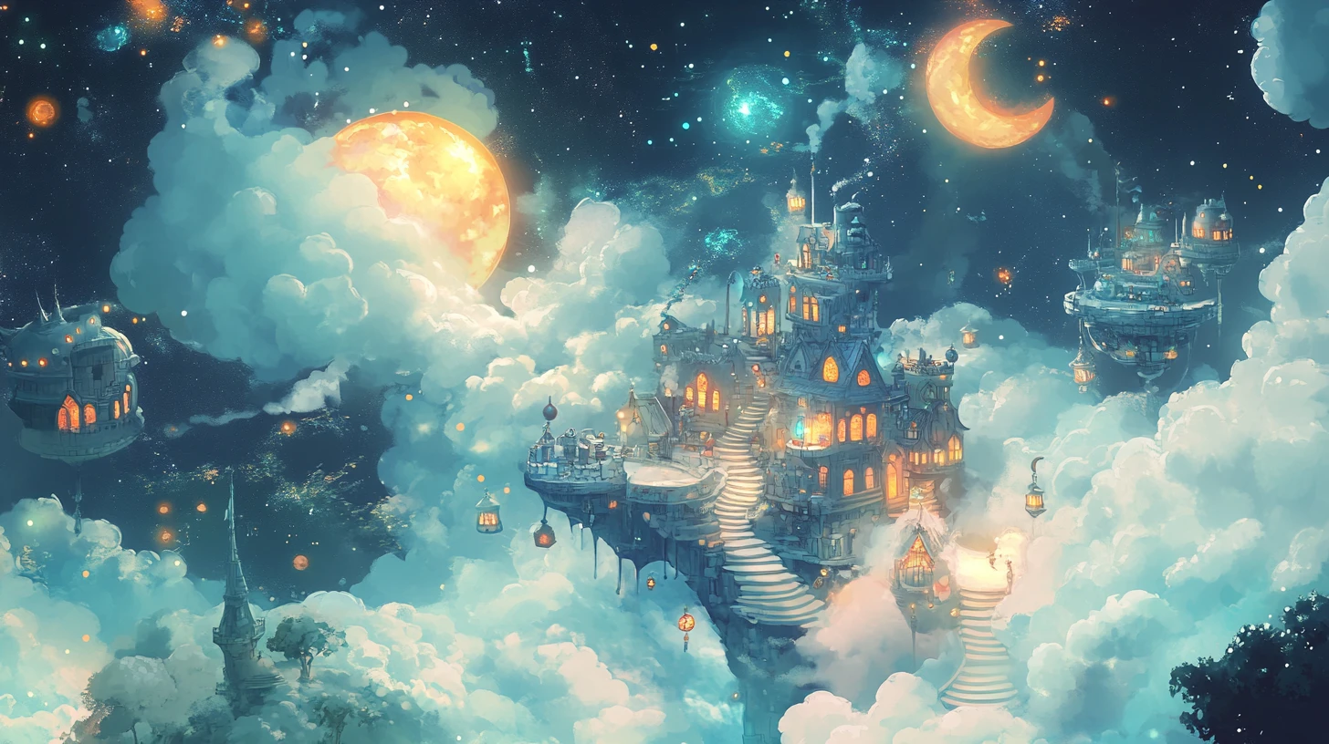 Personajes chibi flotando a través de un paisaje surreal y onírico