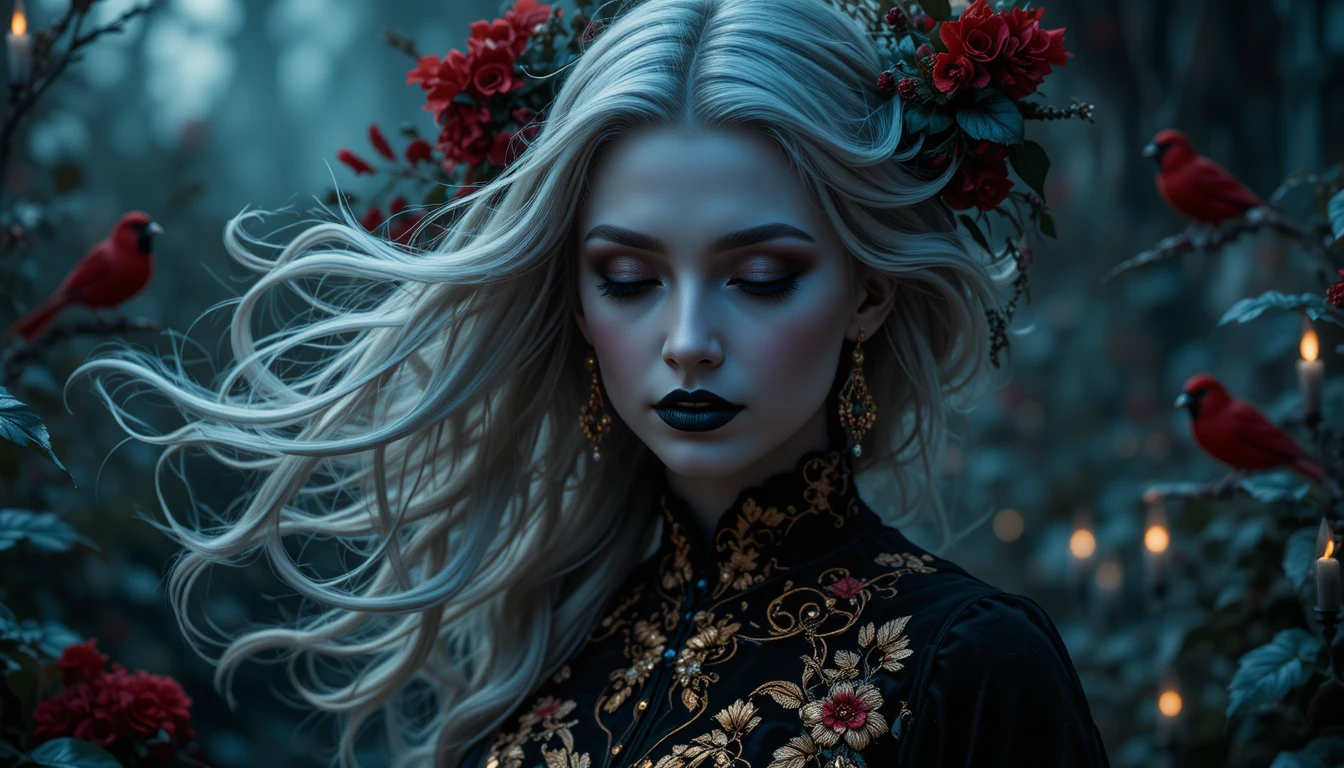 Elegant vampire woman walking alone in the night