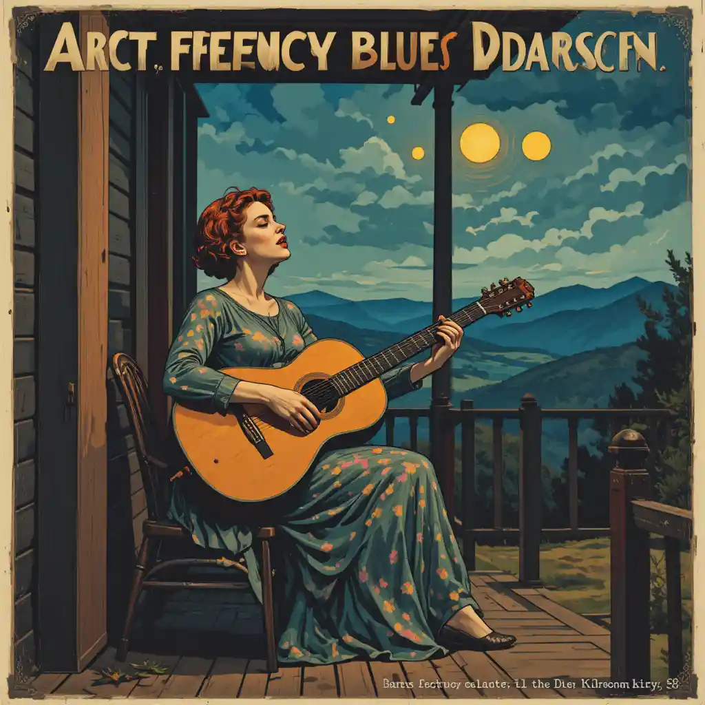 Retrofuturistische Appalachen-Frau singt Blues auf einer Veranda