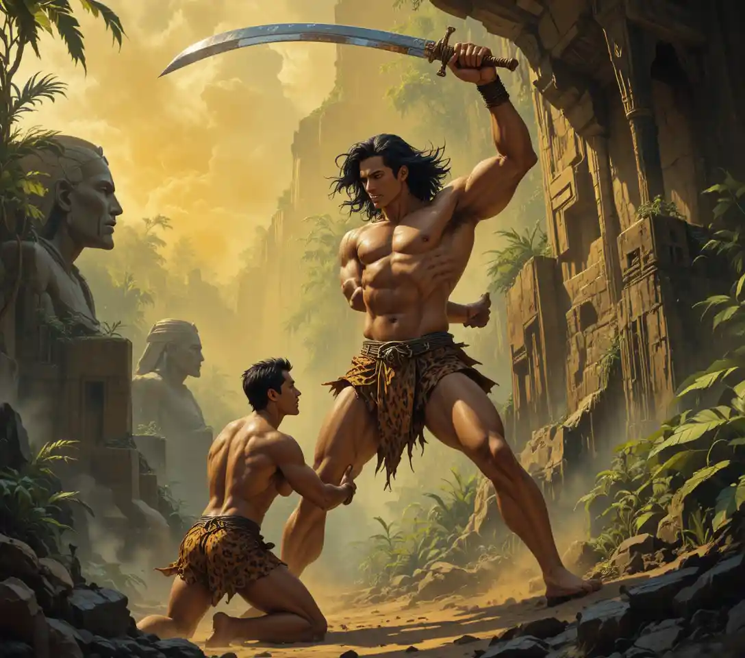Guerreiros heroicos se enfrentam em uma batalha primal na selva