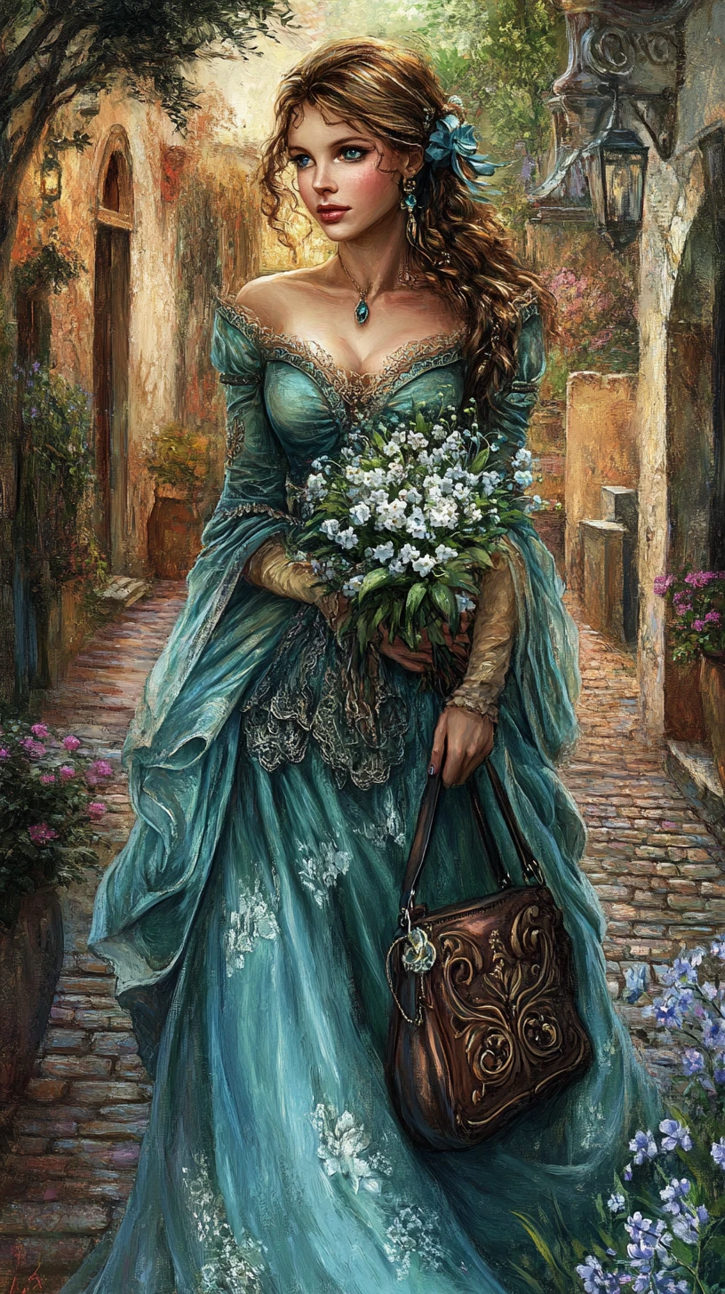 Elegant woman in teal gown on antique european street