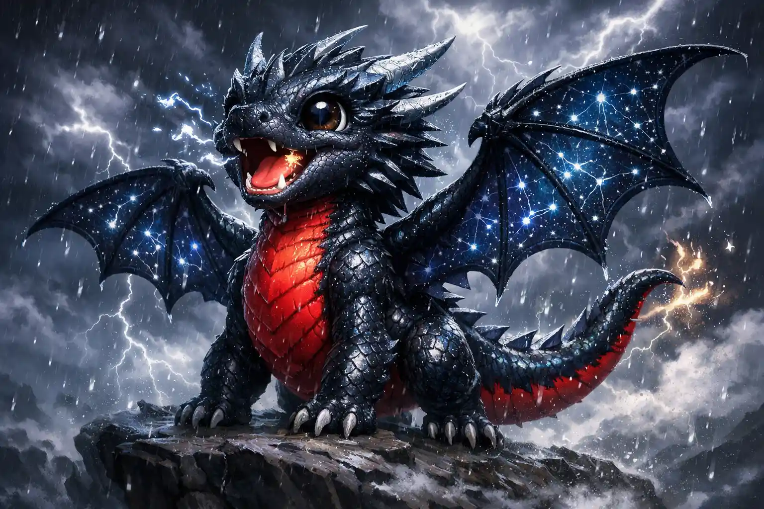 Fofo dragão negro rugindo para os relâmpagos em um penhasco tempestuoso