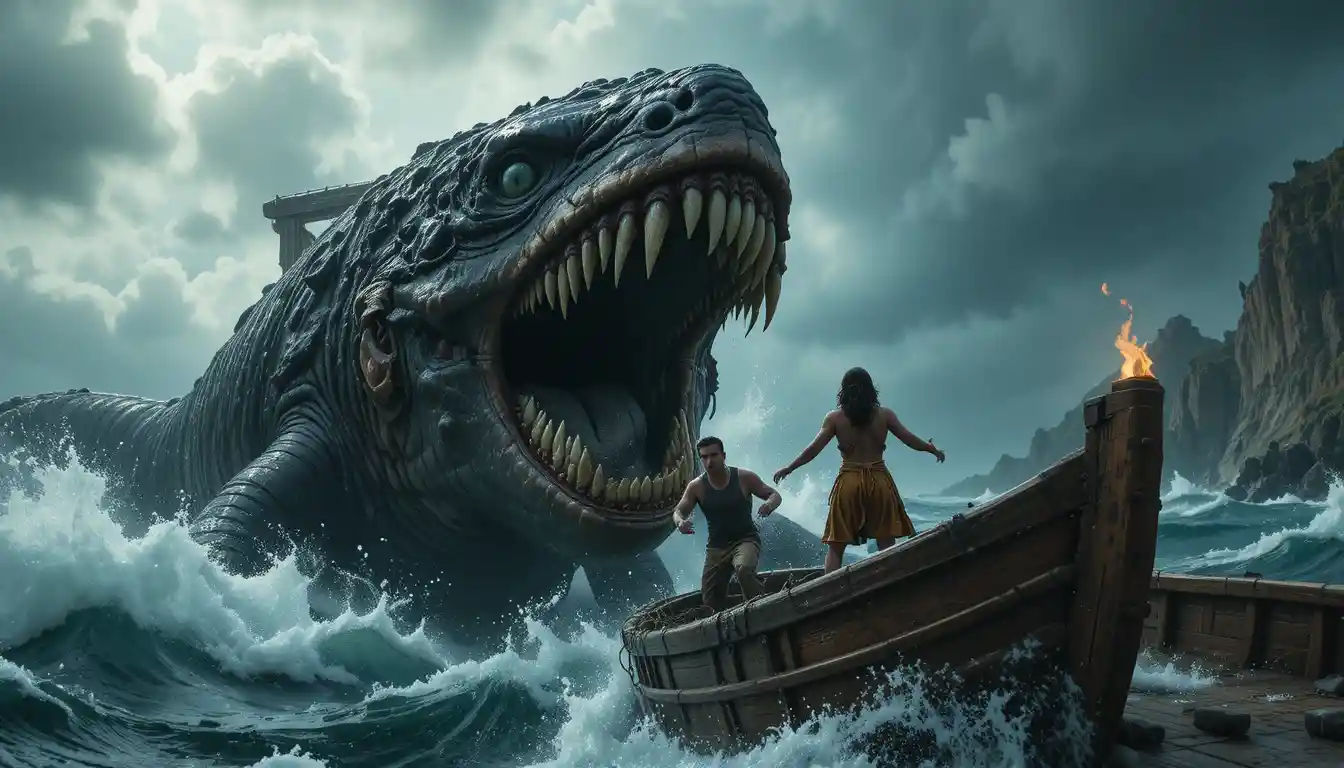 Gigantic sea monster attacking a small boat in storm