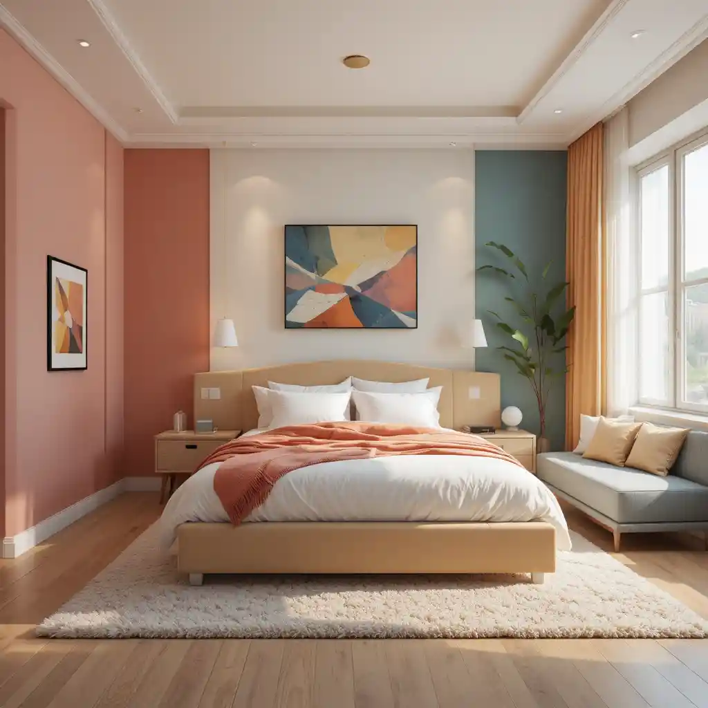 Camera da letto colorata con letto e divano vicino alla finestra