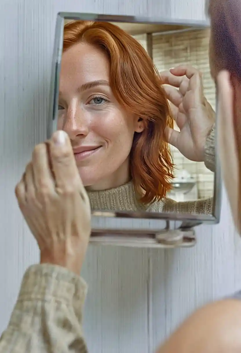 Red haired woman holding mirror showing her reflected face
