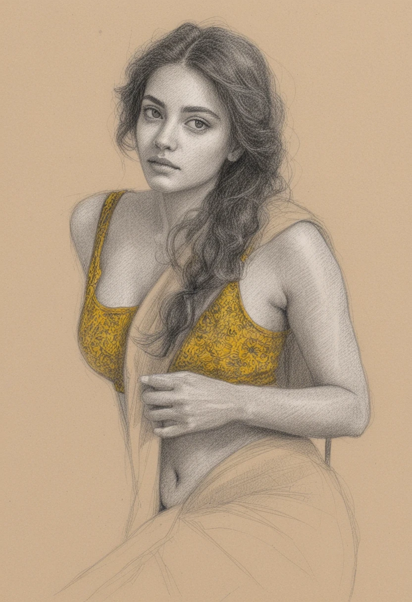 Realistic ink and color portrait of a woman in yellow sari