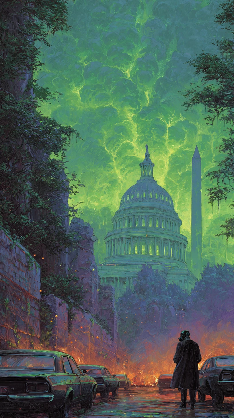 Dystopian Washington Dc Skyline In Radioactive Twilight