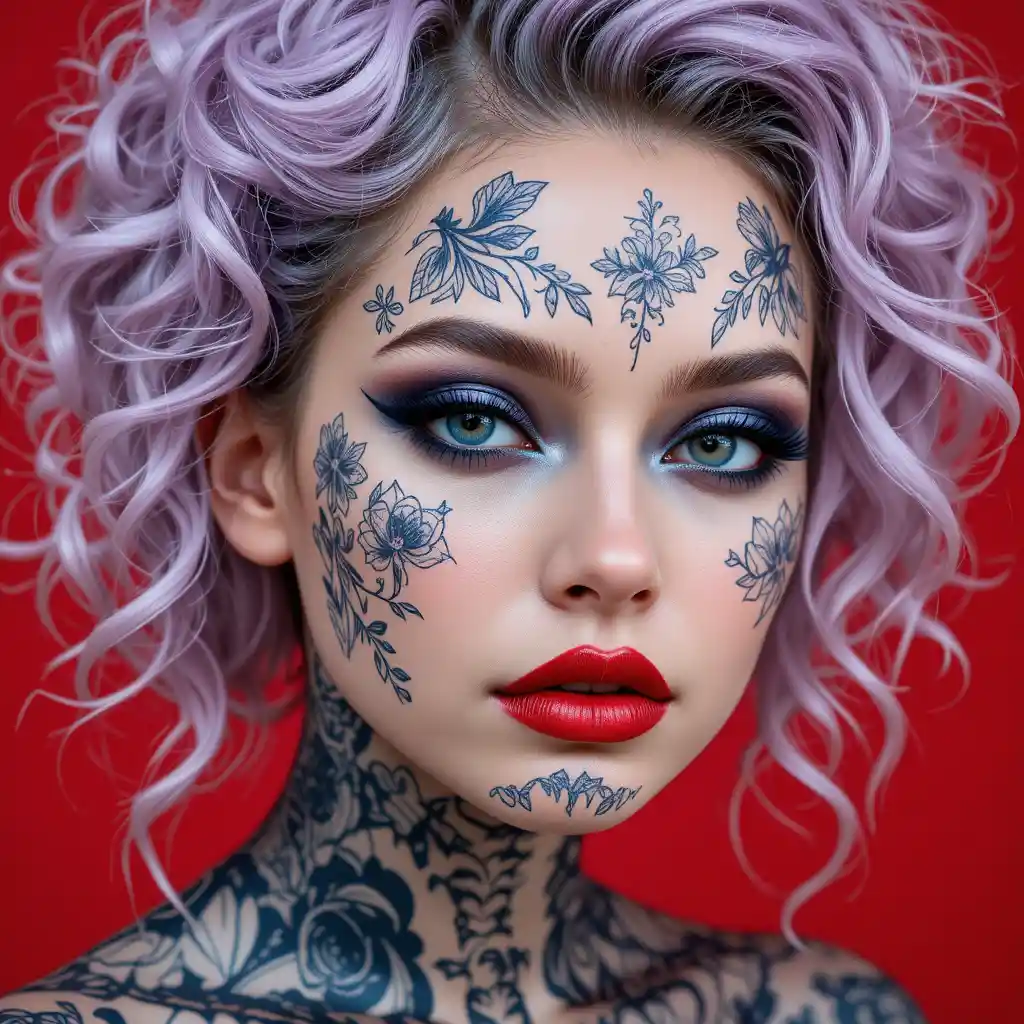Tattooed woman with pastel hair against bold red background