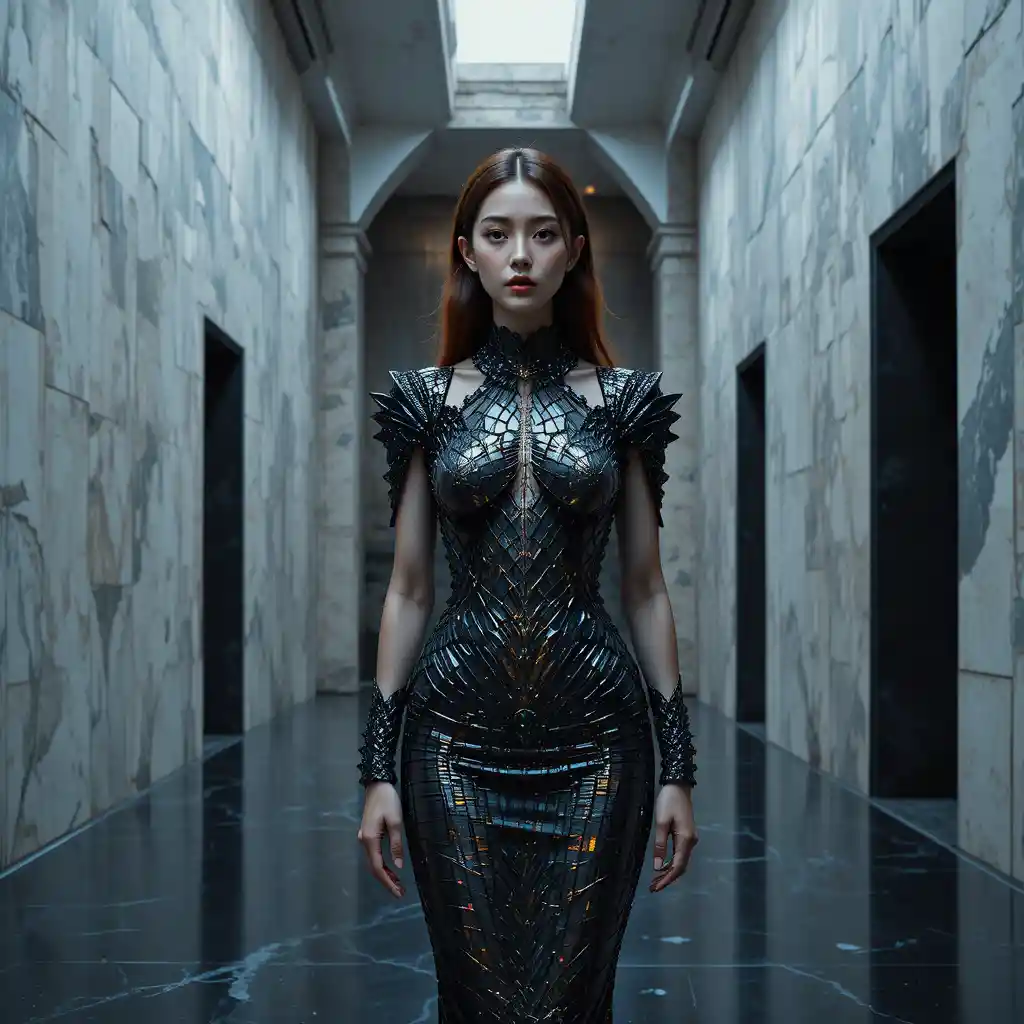 Korean tectonic shaper in a metamorphic carbon couture gown
