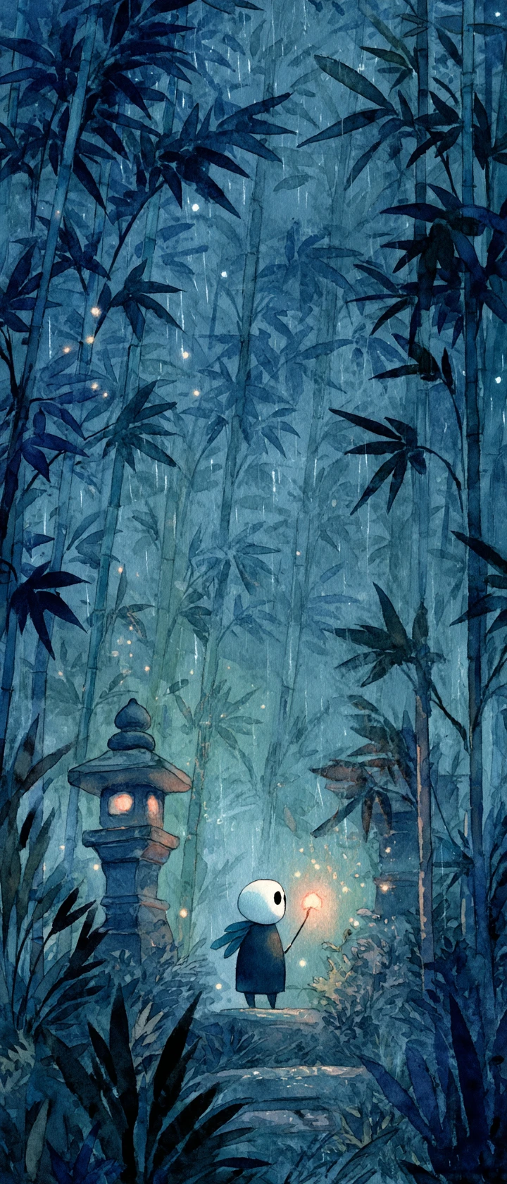 Pequeño espíritu luminoso en un bosque de bambú bajo la lluvia nocturna