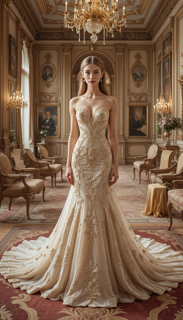 Elegante donna in abito ricamato in interno palaziale