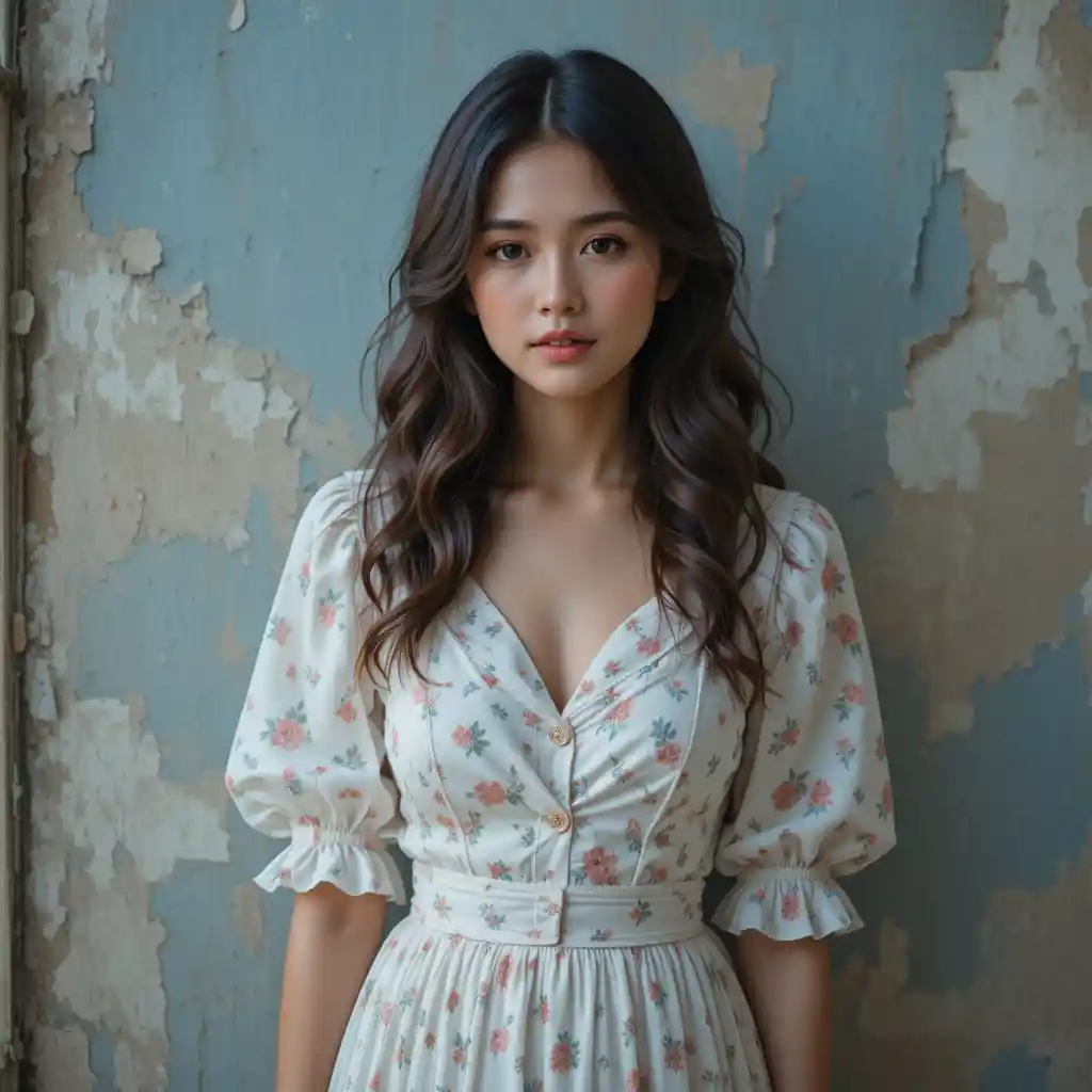 Dreamy portrait of a young woman in a white floral dress