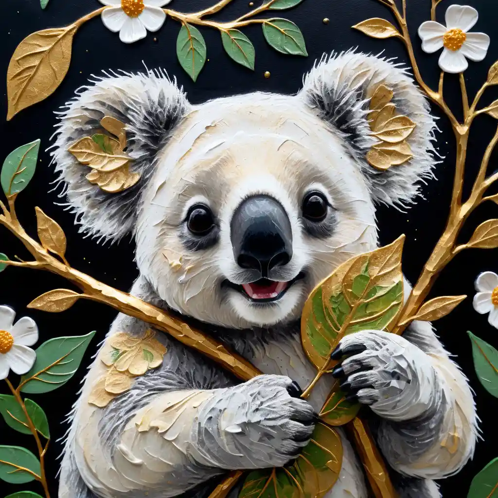 Koala juguetón comiendo eucalipto en lienzo impresionista