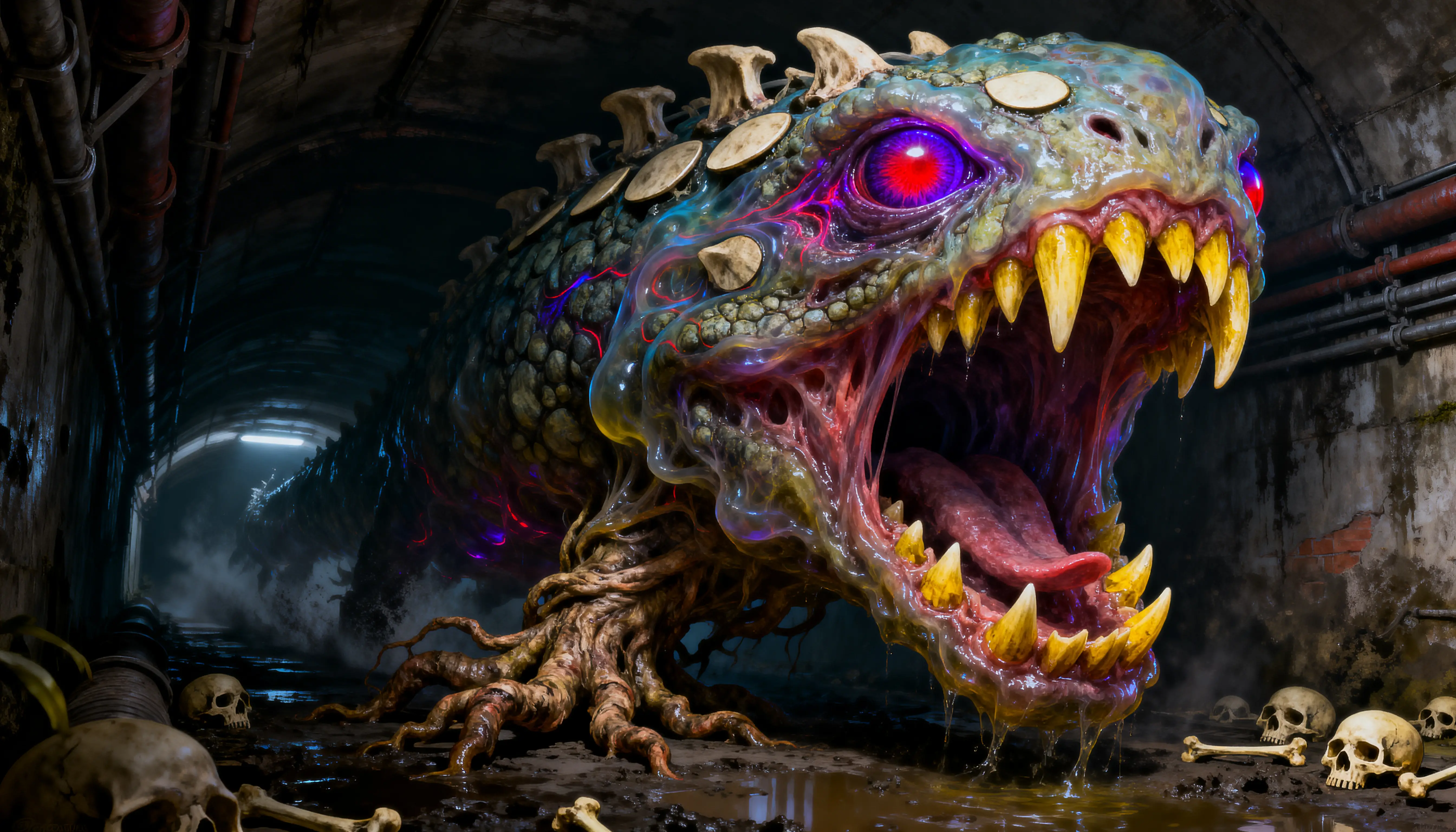 Monstro grotesco de esgoto com bocarra escancarada e dentes irregulares