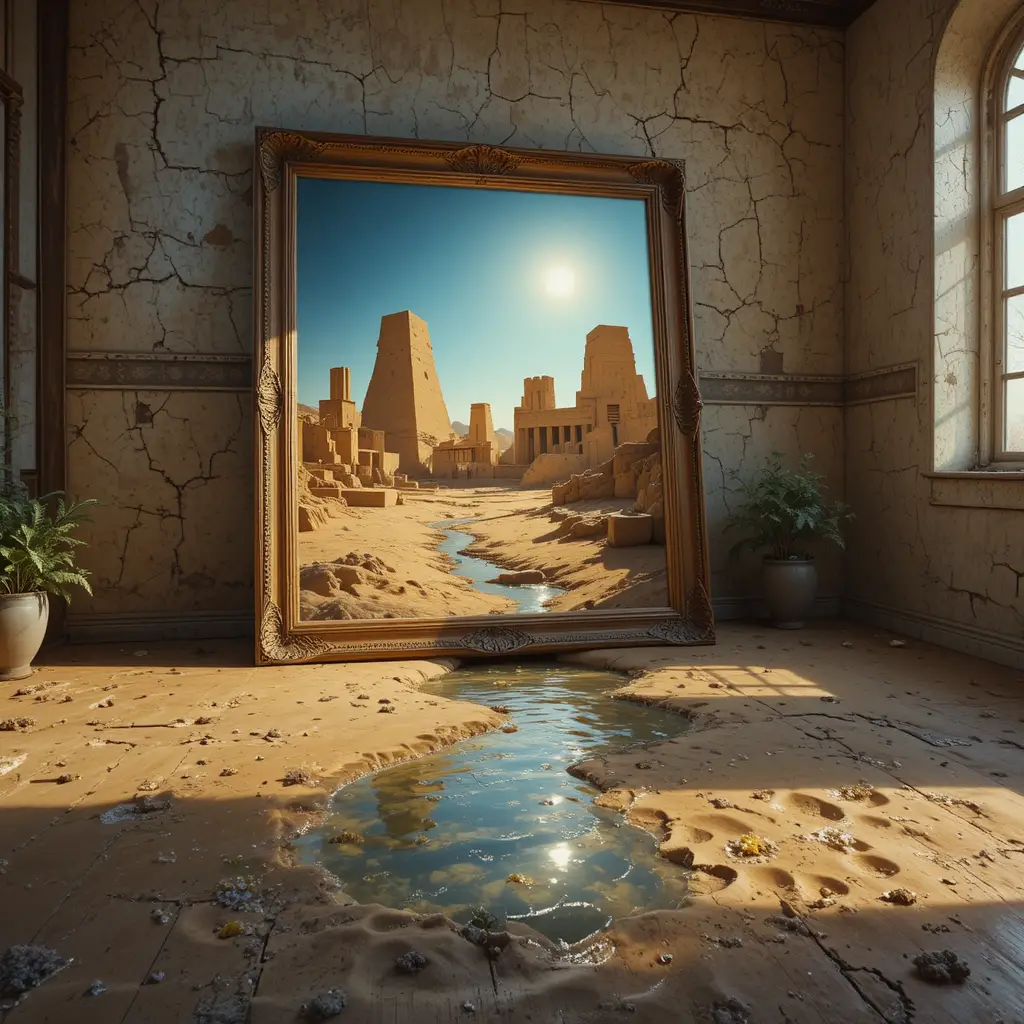 Portal do Egito Antigo transbordando para um antigo quarto banhado de sol