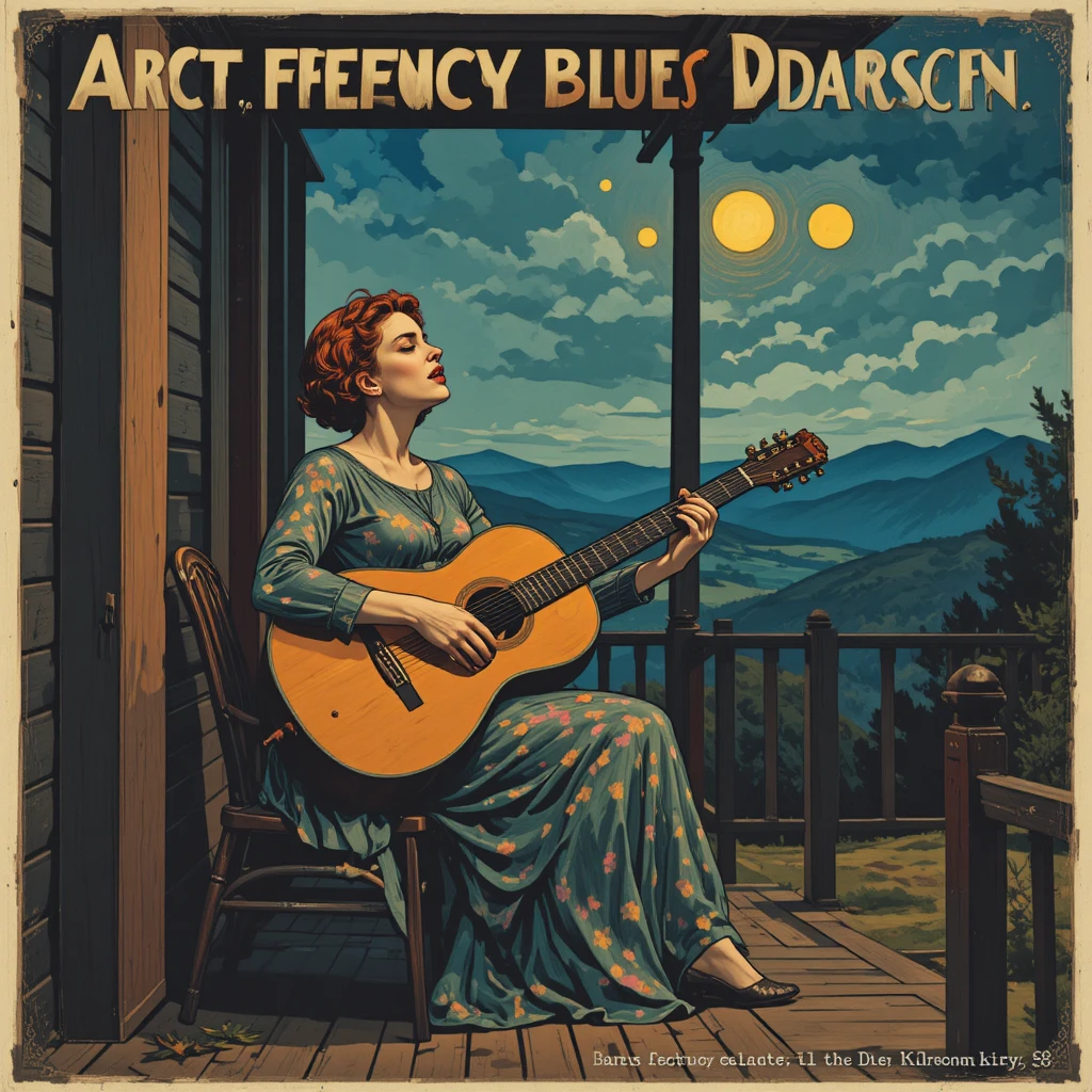 Retrofuturistische Appalachen-Frau singt Blues auf einer Veranda