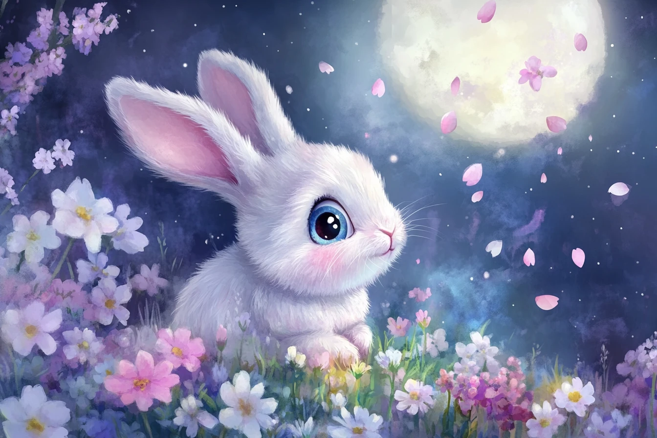 Coelhinho entre flores em tons pastel em um prado ao luar