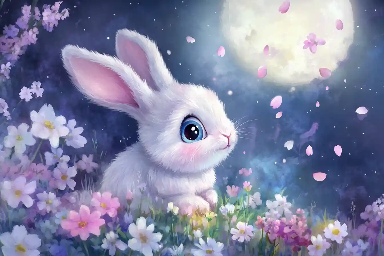 Coelhinho entre flores em tons pastel em um prado ao luar